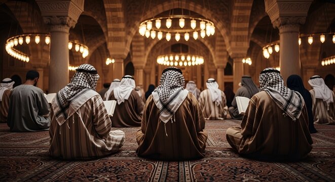 Muslim men in traditional attire praying and reading in a grand mosque with ornate architecture and lighting.