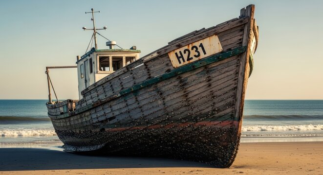 Weathered fishing vessel sits aground on a sandy beach near the ocean