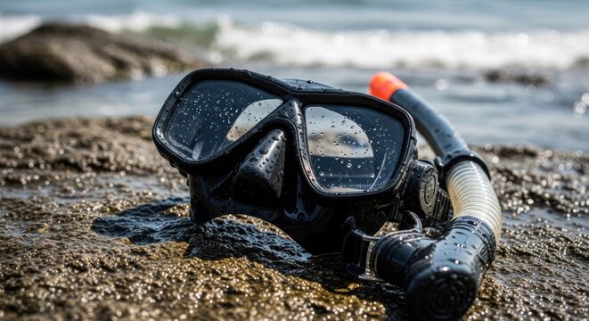 Wet diving mask and snorkel rests on a rocky shore, with gentle waves in background