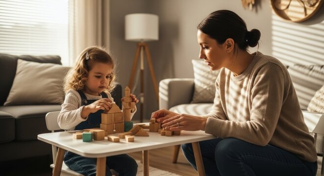 Woman and child build with wooden blocks at a table in a sunlit room