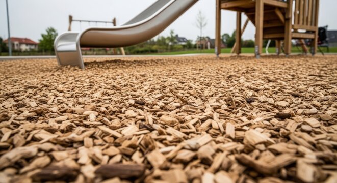Wood chips cover a playground with a slide and swing set in the background