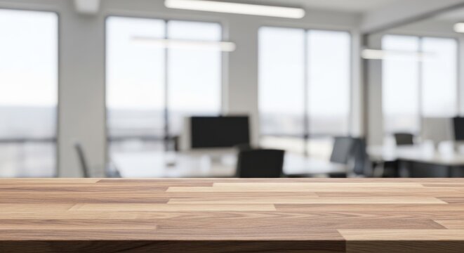 Wooden desk foreground; blurred modern office interior with monitors and windows