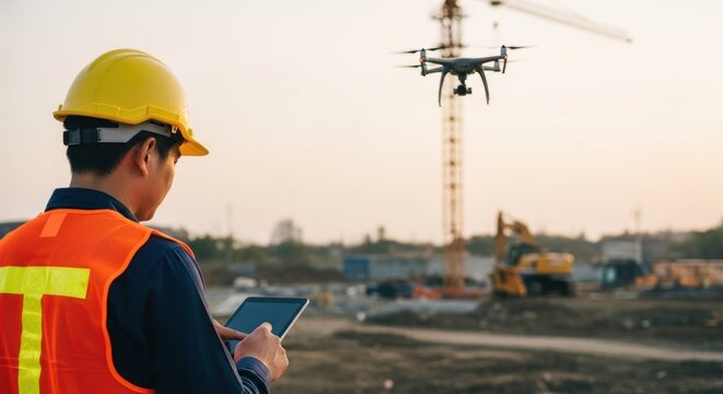 Worker directs drone with tablet on construction site, crane & excavator background
