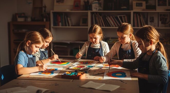 Young artists collaboratively paint colorful creations at a sunlit table