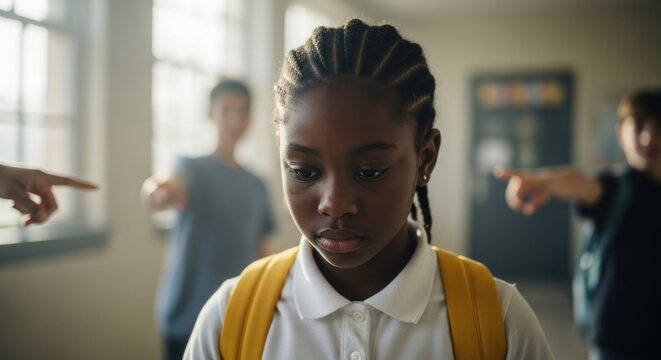 Young Black girl looks down, feeling ostracized by peers pointing fingers