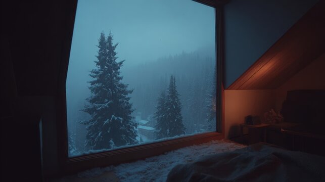 Cozy winter cabin dormer window showcasing a snowy forest landscape view on a foggy day