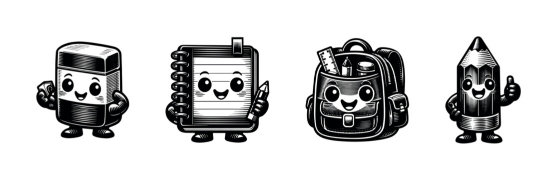 Cute vector illustrations of smiling notebook pencil eraser backpack school supplies black and white