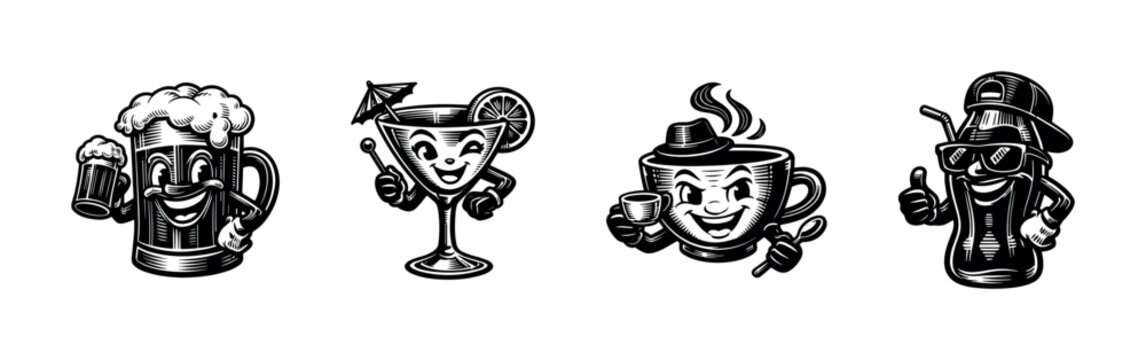 Vintage cartoon beverage characters in black and white silhouette style clipart