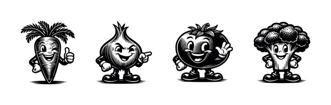 Cartoon vegetable characters illustration black and white clipart vector of broccoli tomato carrot and onion