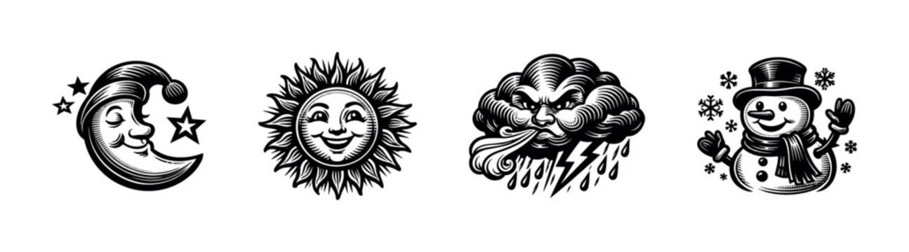 Black and white vintage style sun cloud moon and snowman illustrations