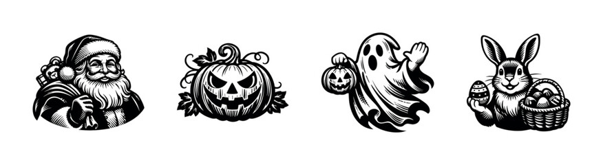Obraz premium Festive holiday icons with santa pumpkin ghost and easter bunny silhouette vector clipart