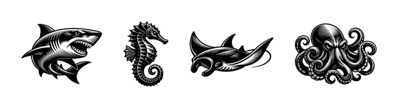 Black and white ocean creatures shark octopus seahorse and stingray vector illustrations