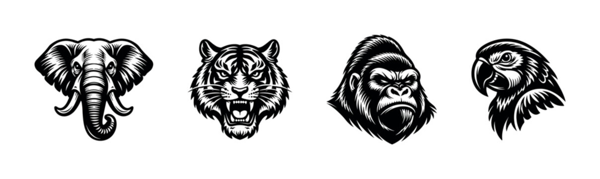 Illustrated animal portraits, tiger, gorilla, elephant, parrot, black and white vector elements