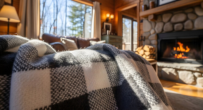Cozy living room with fireplace and plaid blanket