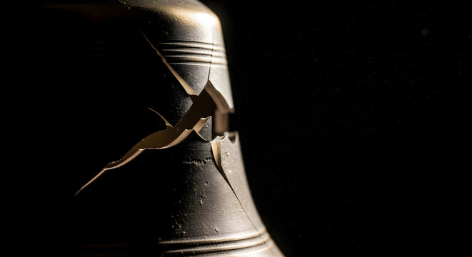 Cracked bronze bell with dark background
