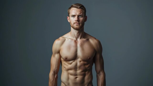 Athletic muscular shirtless male torso with defined abs confident intense serious expression studio