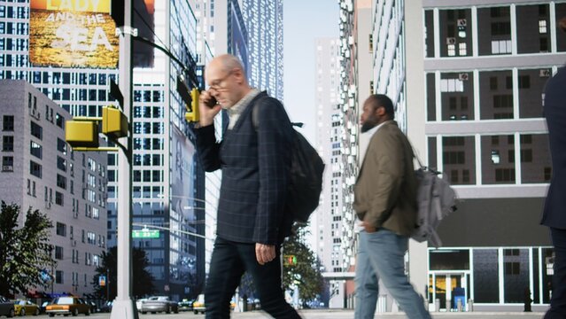 Multiethnic group of women and men navigating busy crosswalk with active motion, illustrating diverse community lifestyle and the dynamic pace of a modern flow in the metropolis. Camera A.