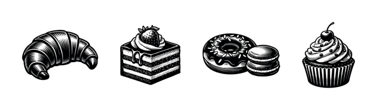 Vintage black and white pastry illustration with croissant cupcake cake and donut in retro style