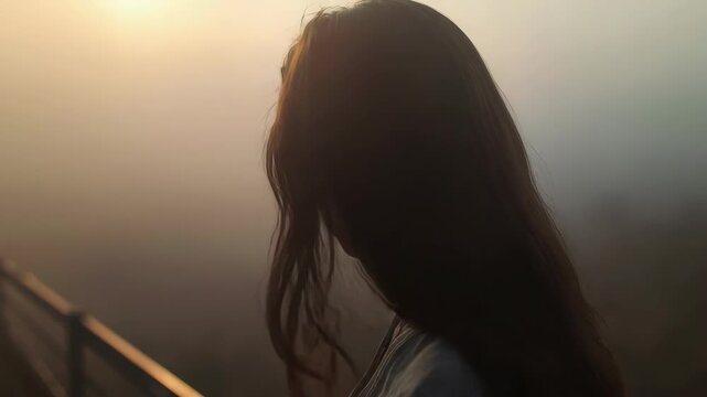 Young woman silhouette portrait at sunset with soft warm backlight, contemplative moody profile