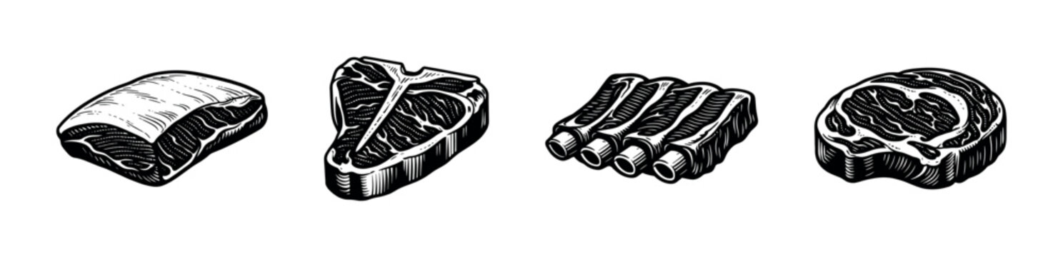 Black and white vintage meat cuts illustration, steak and ribs clipart, silhouette vector elements