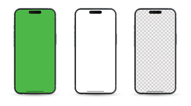 Set 3d mockup of the new mobile phones. Smartphone mockup set with white empty transparent, white, green touch screen