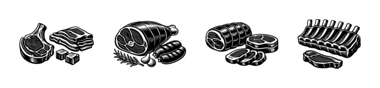 Black and white vector illustrations of various meat cuts including ham, ribs, sausages, and steaks