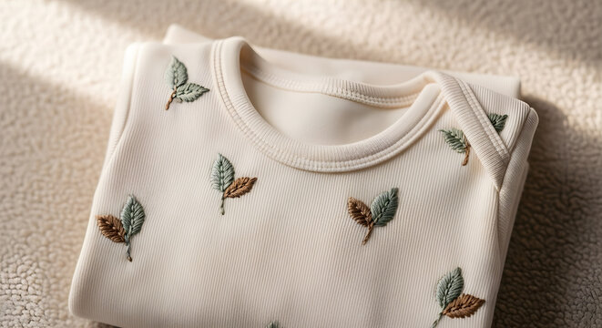 Folded baby shirt with embroidered leaves