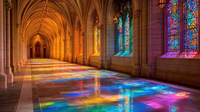 Magnificent Gothic Cathedral Hallway with Ornate Stained Glass Windows Casting Colorful Light Patterns on the Stone Floor