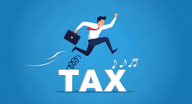 Man jumping over tax word with spring and music notes