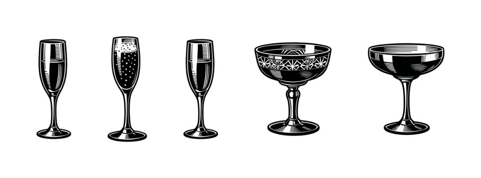 Elegant black and white vector illustrations of champagne glasses and goblets in silhouette style