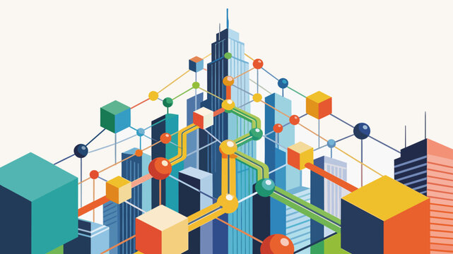 This vibrant illustration depicts a complex network of connections, perfect for representing data flow, innovation, or the interconnectedness of moder