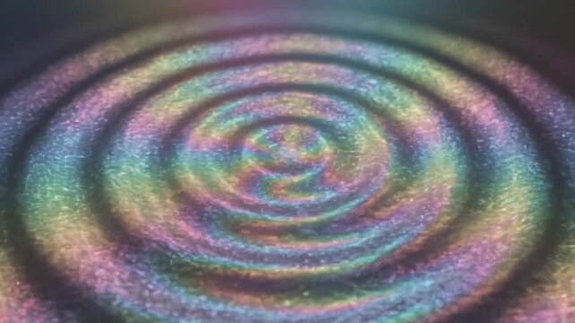 Colorful holographic prism patterns create concentric circles and textures in the visual display
