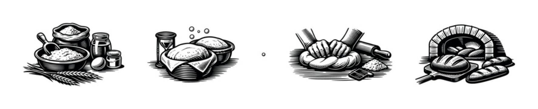 Vintage style black and white baking elements illustration with bread bags and oven