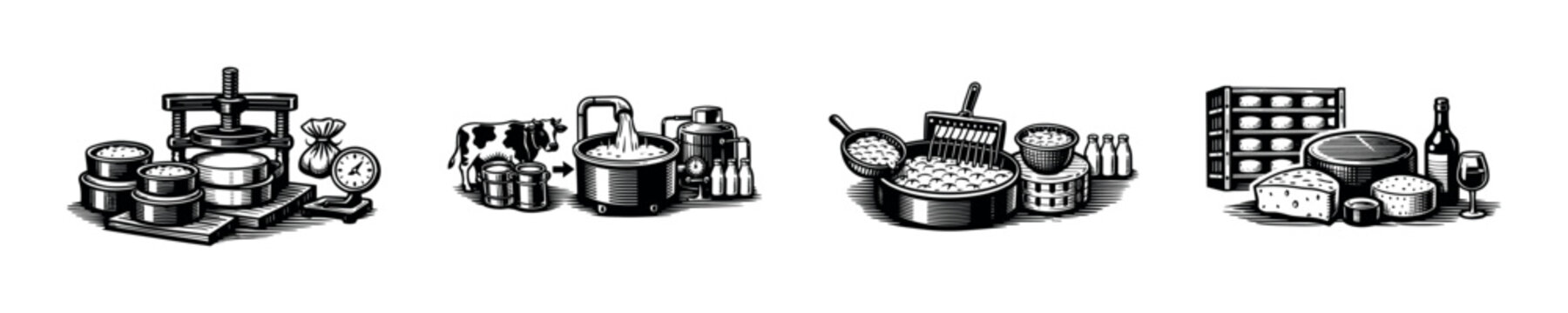 Vintage dairy production process illustration featuring cheese and milk in black and white silhouette style