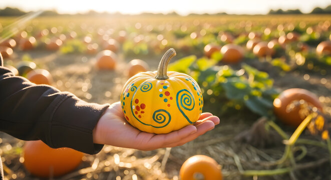 Painted pumpkin in hand with pumpkin patch background