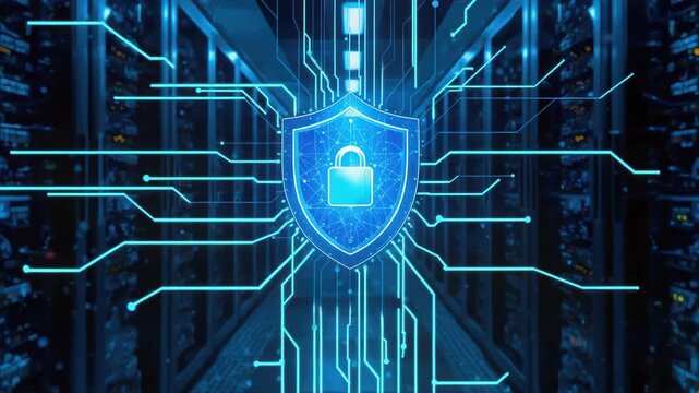 Secure digital network shield padlock protecting data center server room cybersecurity network