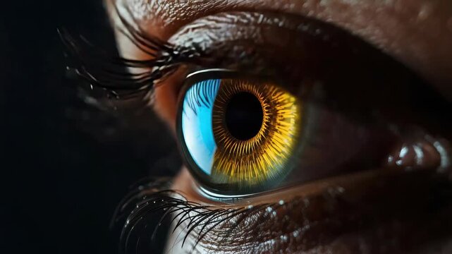 Closed eye with long eyelashes and textured eyelid skin close up gold and blue dramatic eyelashes