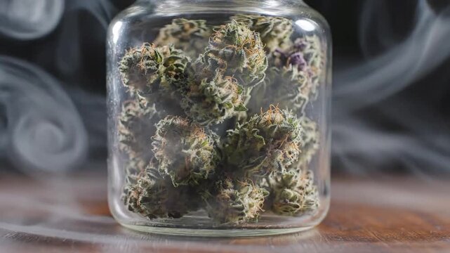 Close up shot of cannabis buds in glass jar filled with smoke on wooden table