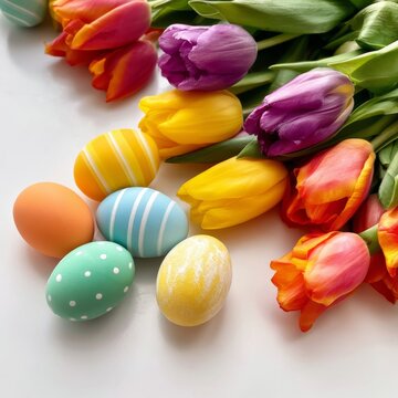 Colorful Easter Eggs and Tulips on the Table for Spring Celebration in Bright Daylight