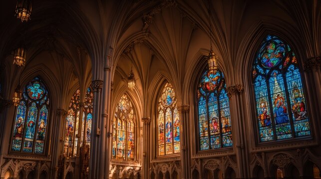 Ornate Gothic Cathedral Interior Featuring Arched Stained Glass Windows Illuminated by Natural Light