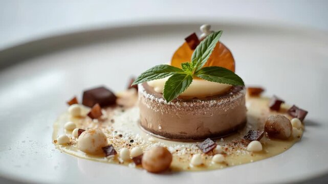 Chocolate mousse cake tart with cream, caramel pearls and mint garnish for dessert