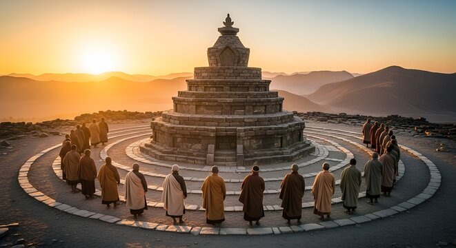 Monks circle ancient stupa at sunrise, spiritual meditation and enlightenment