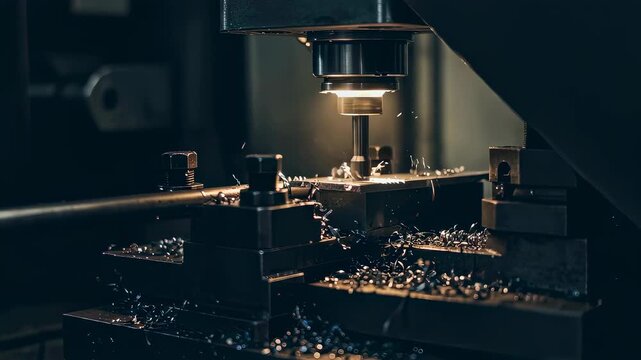 Industrial metal drilling machine cutting workpiece. Automatic machinery milling steel part in workshop. Automated manufacturing process for precision engineering.