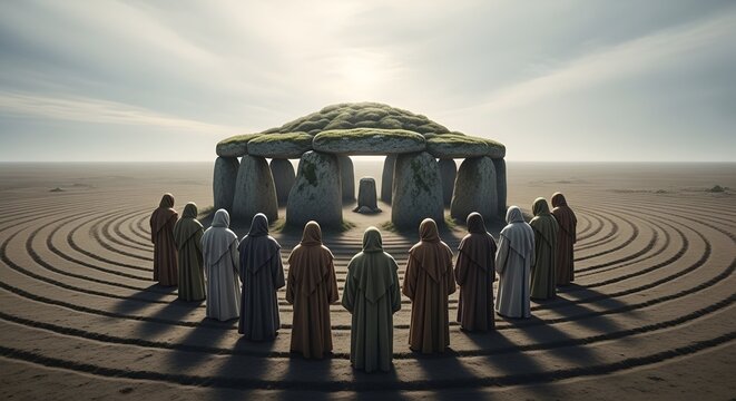 Mysterious Druids Gather at Ancient Stone Circle Under Evocative Sky
