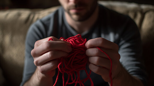 A man carefully untangles a complex knot of bright red yarn, hands focused on the intricate threads against a soft, blurred background indoors