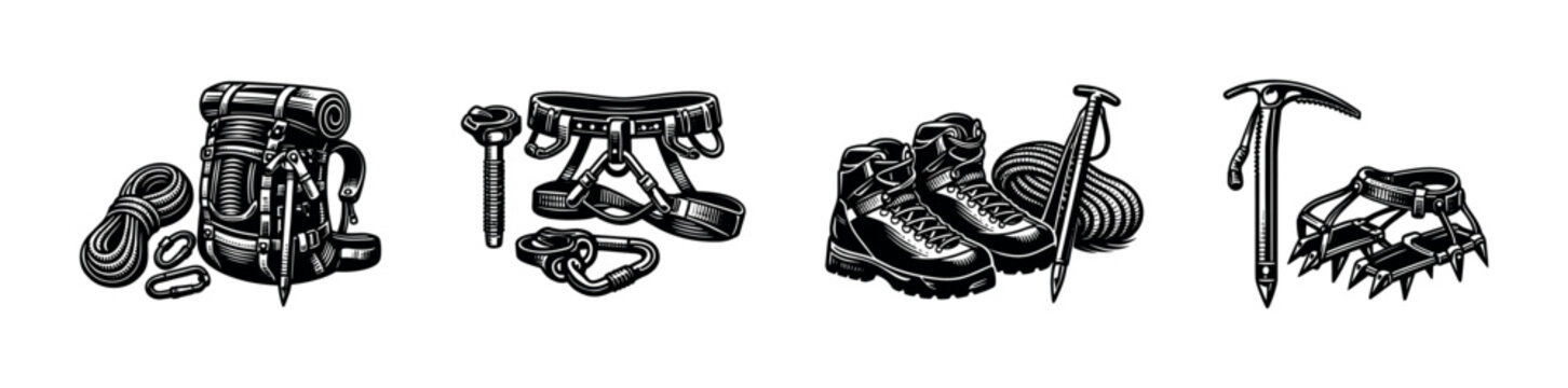 Vintage mountaineering equipment illustration featuring backpack ice axe crampons hiking boots in black and white style