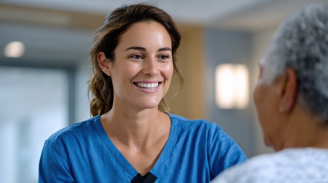 Female nurse in blue scrubs smiles while interacting with an elderly patient in a well-lit healthcare environment, showcasing compassion and care in a medical setting