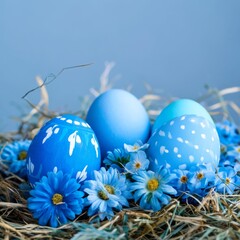 Fototapeta premium Blue Eggs and Flowers in a Nest During Spring Season Celebration