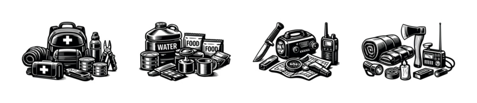 Emergency survival kit with supplies and equipment black and white vector illustration