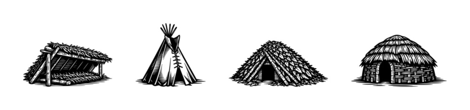 Traditional shelter illustrations set featuring teepee wigwam hut and lean-to black and white vector elements